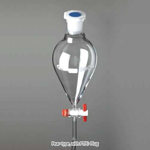 “Pear” & “Squibb” Separatory Funnel, with PP Stopper, 50~2,000㎖ with PTFE-Plug, Borosilicate Glass 3.3, 분액깔때기“- 피어형”과“ 스퀴브형”