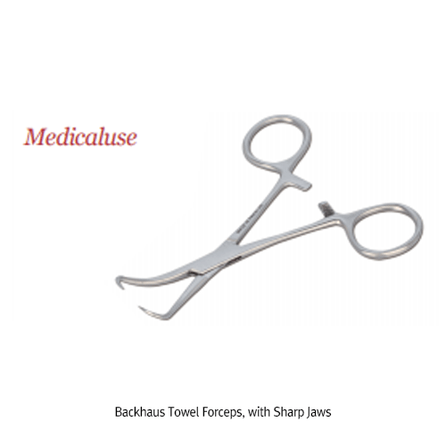 Backhaus Towel Forceps, with Sharp Jaws, L90~130mm, Medicaluse For Holding Drape·Towel, Curved-type, Stainless-steel 410, 백 하우스 타월 포셉, 의료용, 비부식