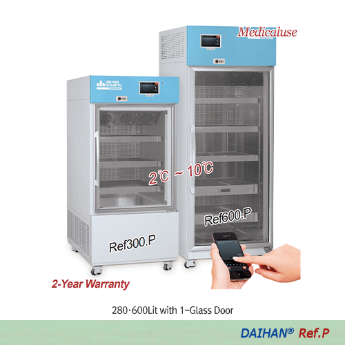 DAIHAN® 2℃~10℃ SMART Vaccine & Pharm. Refrigerator “Ref.P”, Medicaluse With Smart-LabTM System, Dual Eva-defrost. CFC-Free(R-404A), Forced-air, 150·280·600·1300Lit, Glass Door Stainless-steel Perforated Shelf & Perforated Drawer Shelf, Door Lock Device, 일
