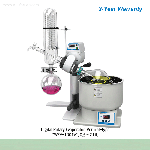 DAIHAN-brand® 0.5~2Lit Digital Rotary Evaporator, “WEV-1001V”, “WEV-1001L” Vertical & Diagonal-type with 7.4 Lit Digital Bath 100℃, PID Control & Lifting Table, 10~180rpm, Cooling Surface 1,300 cm2, Certi. & Traceability, 회전식 증발 농축기