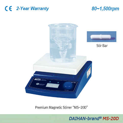 DAIHAN-brand® Digital Magnetic Stirrer, “MS-20D”, 180×180mm Ceramic-Coated Plate, with Certi. & Traceability with Digital Feedback Control System, Precise Speed Control, Back Light LCD Display, 80~1,500 rpm, Max. 20 Lit 디지털 자력교반기, 디지털 피드백 컨트롤 시스템, 세라믹 코팅 