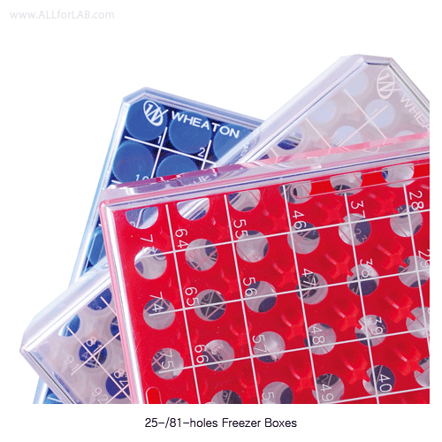 Wheaton® KeepIT® 25 & 81-hole Freezer Box, for 1.2/2㎖ Cryogenic Vials, TritanTM CopolyesterWith Bottom Openings for CryoELITE 2D Bar Code, LN 2 or ULT Freezer Storage, [ USA-made ] , 25 & 81 홀 냉동보관 박스