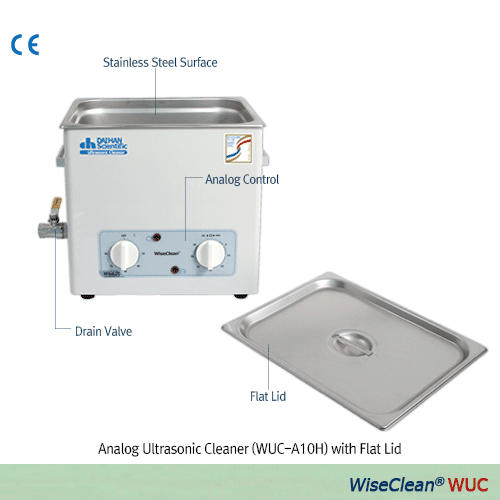 DAIHAN® Analog Ultrasonic Cleaner “WUC-A” , Timer/Temp. Output Controller, with Certi. & Traceability, 1.2~22 LitWith Stainless-steel Flat Lid, Highly Effective Cleaning, up to 85℃, 0~30min, 40kHz Frequency, without Basket초음파 세척기, 온도 및 시간 설정, 고효율, 다용도, 리드