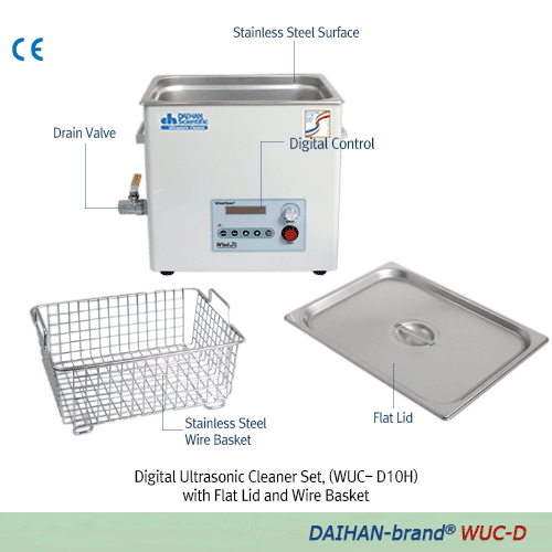 DAIHAN® Digital Ultrasonic Cleaner-set “WUC-D” , Microprocessor Control, 3.3~22 LitWith Stainless-steel Wire Basket & Flat Lid, Highly Effective Cleaning, up to 80℃, 0~60min, 40kHz Frequency디지털 초음파 세척기 세트, 와이어 바스켓 및 리드 포함, 마이크로프로세서 제어