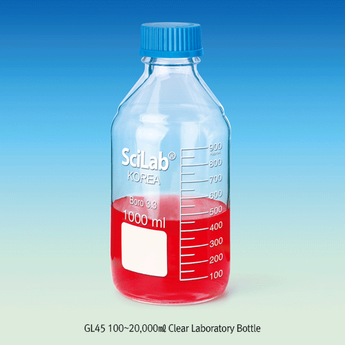 SciLab® GL45 100~20,000㎖ Clear Laboratory Bottle, with PP Screwcap & Pouring RingIdeal for Culture & Multi-use, White Graduation & Marking Area, Boro-glass 3.3, Autoclavable, GL45 랩바틀