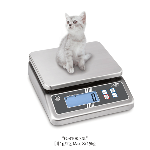 Kern® [d] 1 & 2g, max.8 & 15kg Compact Pet Dual Scale “FOB”, Stainless-steel Plate 252×200mm<br>Protection against Dust and Water Splashes, IP67, with Protective Working Cover, 소형 애완동물용 저울, 방수 플레이트