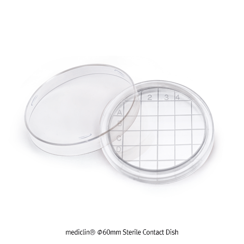 mediclin® Φ60mm Sterile Contact Dish, PS, Convex Bottom Type<br>With Alphanumeric Marked 10×10mm, CE Certified, -10℃+70/80℃, 눈금 멸균 페트리디쉬