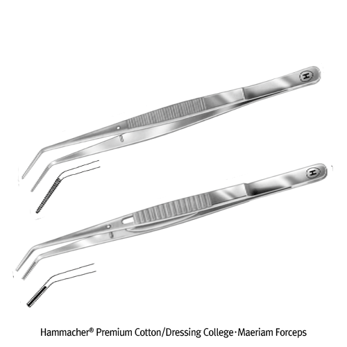 Hammacher® Premium Cotton/Dressing College & Maeriam Forceps, L150~160mm, Medicaluse<br>With Serrated Handle·Pin, Sharp·Ridged Tip, Curved-type, Stainless-steel 420, <Germany-Made> 프리미엄 콜리지 & 메리엄 포셉/핀셋, 독일제 의료용, 비부식
