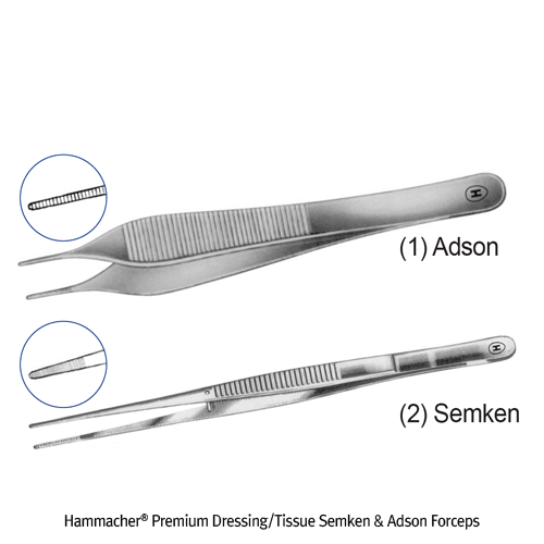 Hammacher® Premium Dressing/Tissue Semken & Adson Forceps, L120mm, Medicaluse<br>For Dressing or Grasping Soft Tissue, Very Delicate, SS 420, <Germany-Made> 프리미엄 드레싱 겸 티슈 에디슨 & 셈켄 포셉/핀셋, 독일제 의료용, 비부식