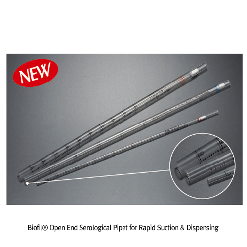 Biofil® Open End Serological Pipet for Rapid Suction & Dispensing, PS, Disposable, with Filter Plug, 1.0~10㎖<br>Individual Sterile Package, Fine Graduated accu. ±2%, -20℃+50℃, 일회용 Open-End 메스(전량) 피펫