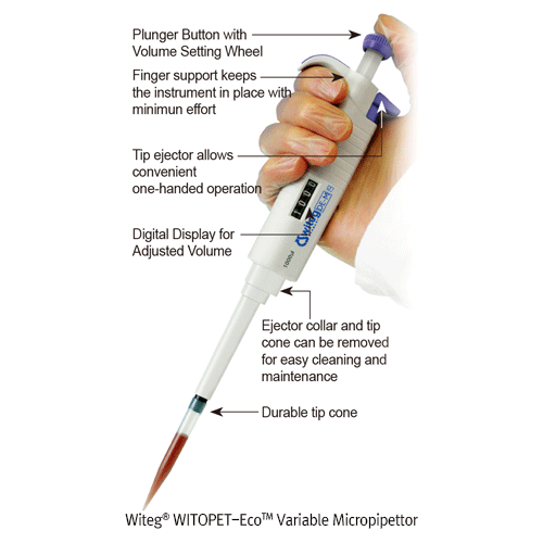 “witeg” WITOPET economy plus Variable Micropipettor, with Digital Display, 0.1~5000㎕<br>Good for Economical Operation, Autoclavable, <Germany-Made> 경제형 가변형 마이크로 피펫터