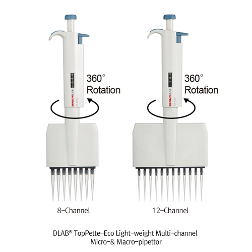 DLAB TopPette-Eco Light-weight Multi-channel Micro-pipettor, with Digital Display, 8- & 12-Channel, 0.5~300㎕<br>With Individual Test Certificate & Digital Display, Wide Pipettor Tip Compatibility, 경제형 다채널 피펫터, Autoclave 불가