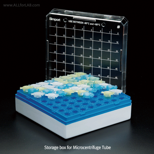 Simport® 64-hole Microcentrifuge Tube Storage Box, hips, for Φ13mm Tubes(0.5~2㎖)<br>With Numbered on Lid, Stackable, -90℃+80℃, <Canada-Made> 마이크로 원심관 박스