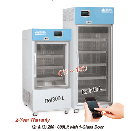 DAIHAN® 0℃~10℃ SMART Laboratory Refrigerator “Ref.L”, 150·280·600·1300Lit, Glass Door<br>With Smart-LabTM System, Dual Eva-defrost. CFC-Free, Forced-air, Stainless-steel Perforated Shelf, Door Lock Device, 실험실용 다용도 냉장고