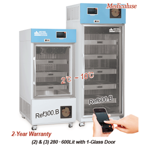 DAIHAN® 2℃~10℃ SMART Blood Bank Refrigerator “Ref.B”, 150·280·600·1300Lit, Medicaluse<br>With Smart-LabTM System, CFC-Free(R-404A), Forced-air, Built in Temperature Chart Recorder, Dual Eva-defrost, Glass Door<br>Stainless-steel Perforated Drawer Shelf, D