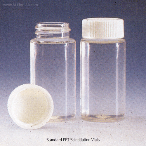 Wheaton® 20㎖ Standard Scintillation Vials, PET, with White Caps, ASTM·USP·ISO<br>With High-Quality PET, <USA-Made> 20㎖ 표준형 투명 Plastic 신틸레이션 카운팅 바이알
