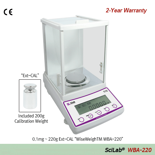 SciLab® [d] 0.1mg, max.220g Calibration Certificated Standard Analytical Balance, Φ80·90mm Weighing Plate A. Ext-CAL “WBA-220”, B. Auto Int-CAL “WBA-220A”, with Glass Draft Shield, Back Light LCD, Counting Function, Various Weight Mode “Ext-CAL 외부 보정형” & 