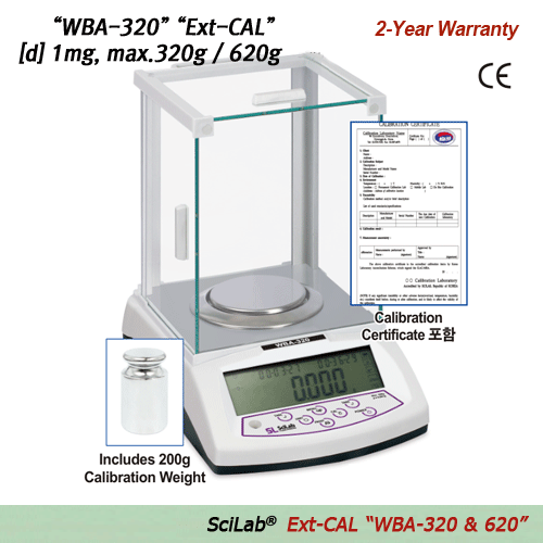 SciLab® [d] 1mg, max.320g & 620g Calibration Certificated Hi-Precision Lab Balance, Φ90·110·128mm Weighing Plate  Ext-CAL “WBA-320 & 620”, Auto Int-CAL “WBA-620A”, with Glass Draft Shield, Super Size Back Light LCD, Counting Function, Various Weight Mode 