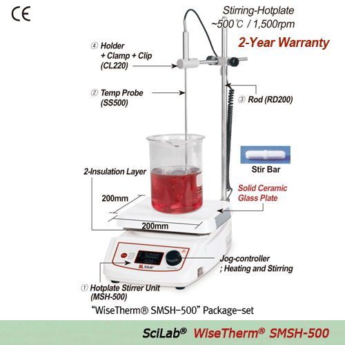 SciLab® Premium 500℃ High-Temp Hotplate Stirrer “WiseTherm® SMSH-500”, Solid Ceramic Glass Plate, 200×200mm With Permanently Brushless Shade Motor(BLAC), Large LCD, Optimum Insulation Layer. Accurate Temp Control, Hot-Top Indicator, 80~1,500rpm 고온용 디지털 가열