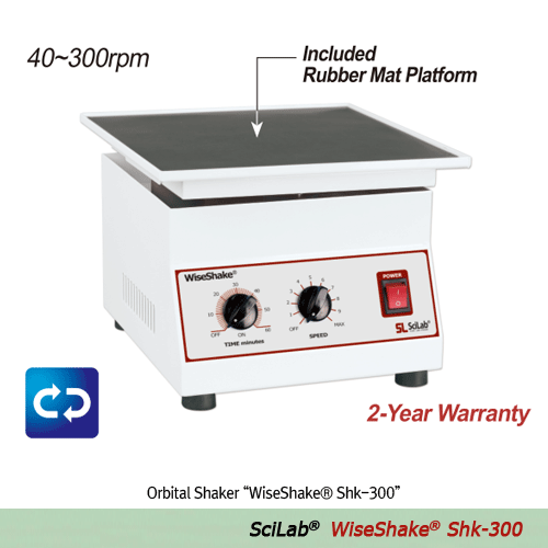 SciLab® Analog Orbital Shaker “WiseShake® Shk-300”, 285×285 Platform, 10 Levels Speed Control, 40~300rpm  With Standard Rubber Mat Platform, 0~60min Timer, 궤도형 쉐이커, 플랫폼 포함
