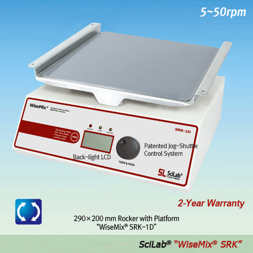 SciLab® Programmable Platform Rocker “WiseMix® SRK”, Digital Feedback Control, 5~50 rpm, with Certi. & Traceability With 290×200mm or 300×300mm Platform with Non-slip Ruuber Mat, Smooth Start & Wave Motion, Tilt Angle ±6˚/±9˚ 디지털 락커, 디지털 피드백 컨트롤 시스템, 부드러운