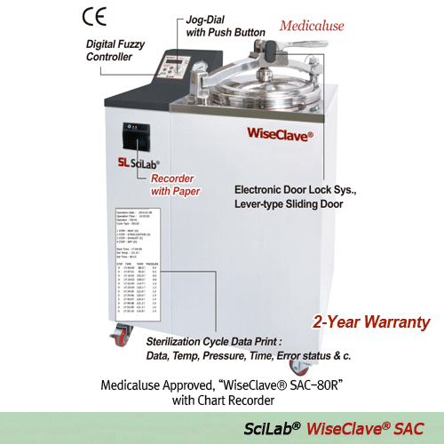SciLab® Digital Fuzzy-control Autoclave “WiseClave® SAC”, Ⅰ. Medicaluse(Recorder-type) & Ⅱ. Lab-use(Standard-type) With PED Certified Φ3.0mm Thick-Tank, Max.2 kgf/cm2, Electronic Door Lock System, 47·60·80·100 Lit, up to 132℃ Lever-type Sliding Door, Stea