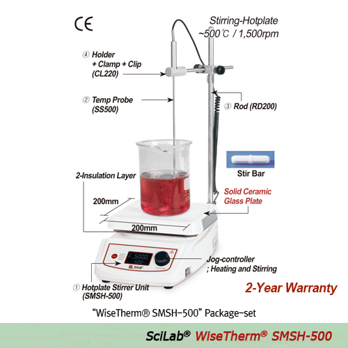 SciLab® Premium 500℃ High-Temp Hotplate Stirrer “WiseTherm® SMSH-500”, Solid Ceramic Glass Plate, 200×200mm With Permanently Brushless Shade Motor(BLAC), Large LCD, Optimum Insulation Layer. Accurate Temp Control, Hot-Top Indicator, 80~1,500rpm 고온용 디지털 가열