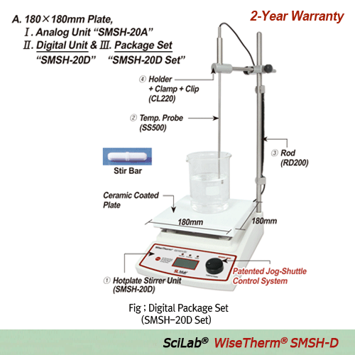 SciLab® 380℃ Standard Analog & Digital Hotplate Stirrer “WiseTherm® SMSH-A” & “SMSH-D”, Ceramic-Coated Plate, 80~1,500 rpm 180×180mm or 260×260mm Plate, with Accurate Temp. Control, Superior Temp Uniformity, with Certi. & Traceability Permanently Brushles