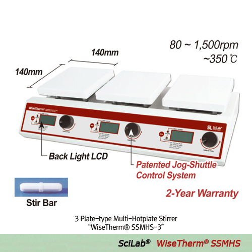 SciLab® 350℃ Systematic Multi-Hotplate Stirrer “WiseTherm® SSMHS”, 3- or 6-Places, Ceramic-Coated Plate, 80~1,500 rpm With Digital Feedback Control, Independent Heating & Stirring Control, Permanently Brushless Motor(BLDC) 멀티 가열 자력 교반기, 우수한 온도균일성, 3- or 6