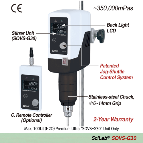 SciLab® Premium Ultra Hi-Torque Overhead Stirrer “SOVS-G30”, with Permanently Brushless Motor(BLDC), Max. 60:1, 350,000mPas  With Planetary-gear, Torque(Ncm)·Viscosity(mPas)·Temperature(℃)·Real Time Display, Optional Remote Control, Max. 550rpm  Chuck Gri