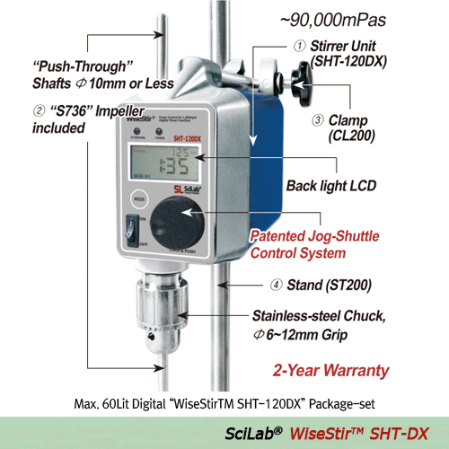 SciLab® High-Torque Digital Overhead Stirrer “WiseStirTM SHT-DX”, for Middle-/High-Viscosity, Max.40·60Lit, 60,000·90,000mPas With “Push-Through” Shaft(Φ10mm or Less) and Chuck grip Φ6~12mm, Flex-Coupling Φ6~16mm, Max.1,000rpm 중/고점도용 강력교반기, 사용교반봉 ; ①기본은Φ6