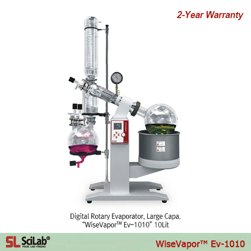 SciLab® 10-/20-Lit Digital Rotary Evaporator “WiseVaporTM Ev-1010”, “WiseVaporTM Ev-1020”, Large Capacity with Digital Controlled Stainless-steel Bath 99℃, Electric Lift Bath, Vertical-type, 20~130 rpm, 대용량 회전식 증발 농축기