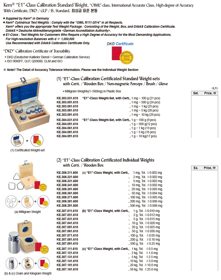 Kern® “E1”Class Calibration Standard Weight, “OIML”class
