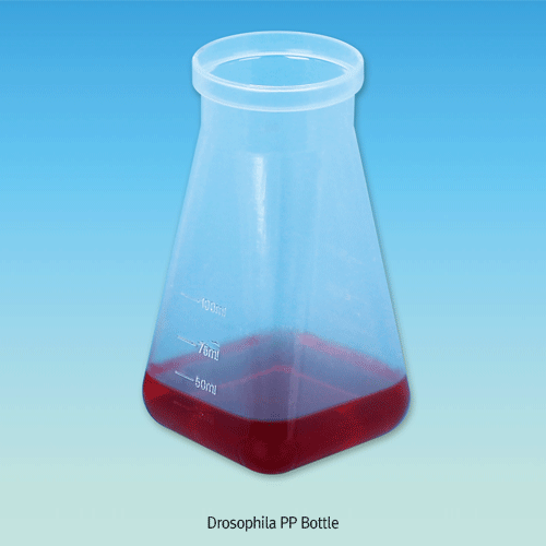 Drosophila PP Bottle, with Pliable Top id Φ38.5mm for Easy Stopper Removal, 177㎖With Square-bottom & Mold Graduated, Autoclavable, -10℃+125/140℃, PP 초파리 배양 병