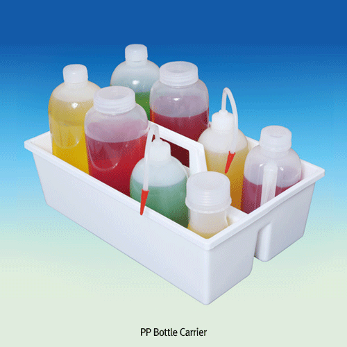 PP Bottle Carrier Tray, Single Handhead-type, White, Up to 6×Φ86mm Bottles (ex.500㎖)With 2 Rows & Center Handle, -10℃+125/140℃, PP 보관/운반용 바틀 캐리어, 운반손잡이
