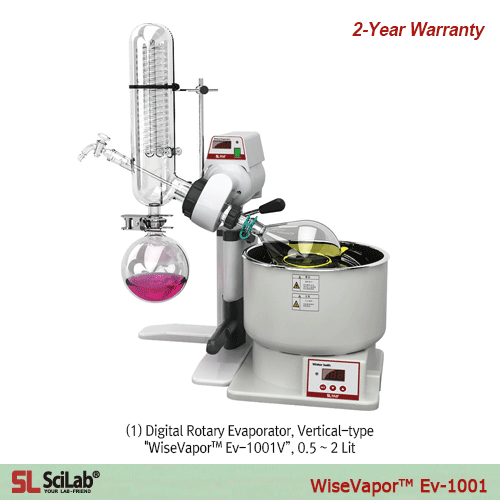 SciLab® 0.5~2Lit Digital Rotary Evaporator “WiseVaporTM Ev-1001V”, “WiseVaporTM Ev-1001L”, Vertical & Diagonal-typeWith 6.5 Lit Digital Bath 100℃, PID Control & Lifting Table, 10~180rpm, Cooling Surface 1,300 cm2, Certi. & Traceability, 회전식 증발 농축기