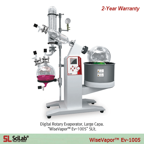 SciLab® 5·10·20 Lit Digital Rotary Evaporator “WiseVaporTM Ev-1005”·Ev-1010”·Ev-1020”, Large CapacityWith Digital Controlled Stainless-steel Bath 99℃, Electric Lift Bath, Vertical-type, 20~130 rpm, 대용량 회전식 증발 농축기