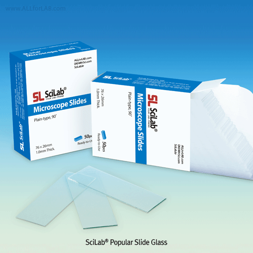 SciLab® Popular Slide Glass, 76×26mm, Plain- & Frosted-typeWith 90° Ground/Cut-edge, Pre-cleaned, Ready for Use, 기본형 슬라이드 글라스