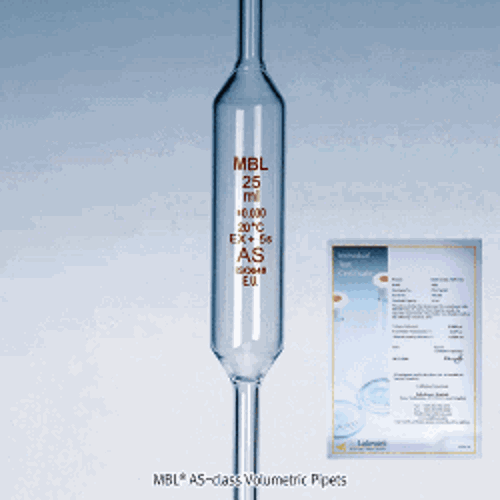 MBL® AS-class Volumetric Pipets, with or without WORKS CERTIFIED, Amber Stain Graduation, 1~100㎖, AS급 볼류메트릭 피펫