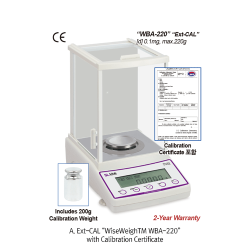 SciLab® [d] 0.1mg, max.220g Calibration Certificated Standard Analytical Balance, Φ80·90mm Weighing Plate  A. Ext-CAL “WBA-220”, B. Auto Int-CAL “WBA-220A”, with Glass Draft Shield, Back Light LCD, Counting Function, Various Weight Mode “Ext-CAL 외부 보정형” &