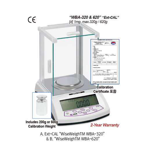 SciLab® [d] 1mg, max.320g & 620g Calibration Certificated Hi-Precision Lab Balance, Φ90·110·128mm Weighing Plate Ext-CAL “WBA-320 & 620”, Auto Int-CAL “WBA-620A”, with Glass Draft Shield, Super Size Back Light LCD, Counting Function, Various Weight Mode “