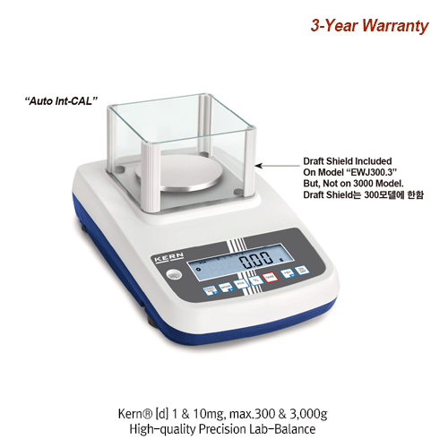Kern® [d] 1 & 10mg, max.300 & 3,000g High-quality Precision Lab-Balance “EWJ”, with Draft Shield On 300Model  With Auto Internal Adjustment, Plate Size Φ80 & 120mm, 220×315×h105mm, “Int-CAL 자동 보정형” 정밀 바란스, 계수계 겸용