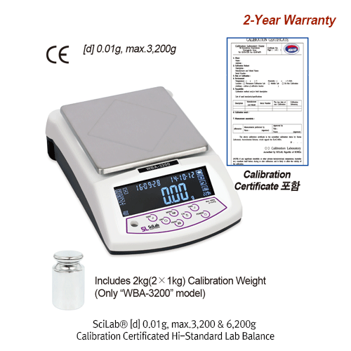 SciLab® [d] 0.01g, max.3,200 & 6,200g Calibration Certificated Hi-Standard Lab Balance “WBA-3200 & 6200”, 168×168mm Plate With Super Size Back Light LCD, Counting Function, 2kg Cali. Weight, Various Weight Mode  표준 다용도 랩 바란스, g·계수·% 측정, 보정용 표준분동 포함, 4각 플레