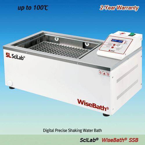SciLab® Digital Precise Shaking Water Bath “WiseBath® SSB”, Reciprocating Motion, 18·30·45 Lit  With Universal Spring Rack, Digital Fuzzy Control, up to 2 Lit Flask, 20~250 rpm, up to 100°C, ±0.1°C, with Certi. & Traceability 정밀 진탕 항온수조, 왕복 진탕 운동, 디지털 피드백