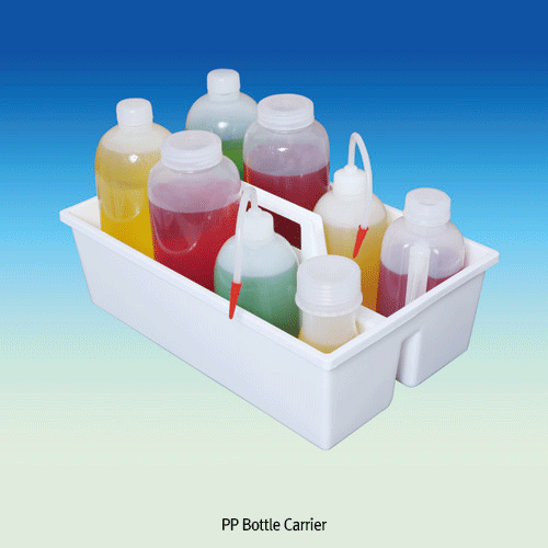 Bottle Carrier Tray, PP, Single Handhead-type, White, Up to 6×Φ86mm Bottles (ex.500mℓ) With 2 Rows & Center Handle, -10°C+125/140°C, PP 보관/운반용 바틀 캐리어, 운반손잡이