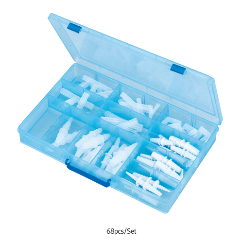 PP Tubing Connector Combination Set of “T”·“Y”·“L”·Straight-type  With 68pcs Connectors, -10°C+125/140°C, Autoclavable, PP 튜빙 커넥터 세트