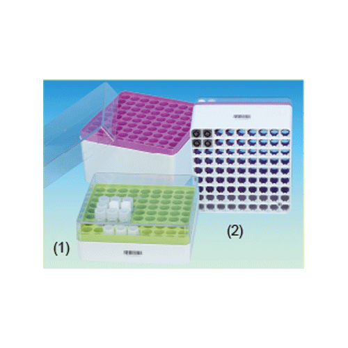 CryoTainTM PC 81-hole Cryovial rack, for 1.2 & 2.0㎖ or 5.0㎖ 2D Barcoded Cryovials With Transparent Cover, Linear Barcode and readable Code on the Side, 125/140℃, 2D 바코드 랙