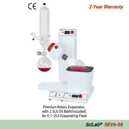 SciLab® Premium 0.1~5Lit Rotary Vacuum Evaporator “SEVA-05”, Vertical-type, 195mm Auto Lifting With 2.5Lit Heating Bath(Option 5.5Lit Bath), Up to 200℃, Cooling Surface 1,600cm2, 10-Step Immersion Angle 1º~50º and Automatic Reverse Rotation Function ; Clo