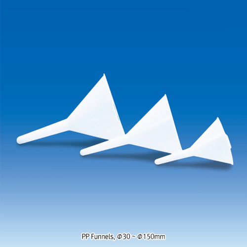 VITLAB® Premium Funnel, PP, 60° Angle, Rapid Flour, Translucent, 5~817㎖, Φ30~150mm With Handle, Hanging Loop, Autoclavable, 0℃~125/140℃, <Germany-Made> PP 고품질 투명펀넬