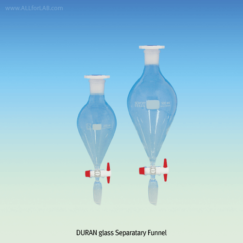 SciLab® Premium Jointed “Squibb-Pear” Separatory Funnel, 24/40 or 24/29 Cone, 100~2,000㎖ DURAN-glass 3.3, with PTFE-plug Stopcock & PE Stopper, 조인트부 “스퀴브 피어” 분액깔때기